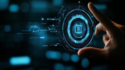 Poster - A futuristic hand interacts with a glowing digital interface, showcasing advanced technology and data visualization.