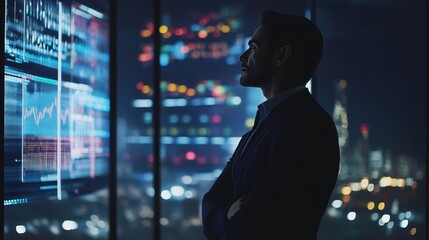 Poster - A silhouette of a man in a suit, gazing at digital data displays in a modern office with city lights in the background.