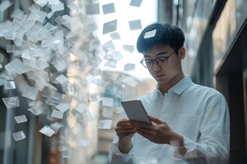 In a white background, a Chinese businessman uses a tablet computer