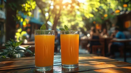 sundrenched outdoor cafe scene with two glasses of fresh orange juice in foreground blurred figures of relaxed patrons enjoying summer day in background warm color palette