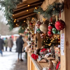 Colorful Christmas ornaments hanging from a wooden stall at a Christmas market, with blurred shoppers in the background.