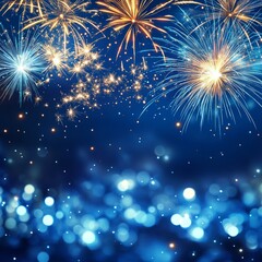 Wall Mural - Colorful fireworks display with sparkling blue bokeh lights against a dark blue night sky.