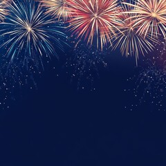 Poster - Colorful fireworks exploding in the night sky with a dark blue background and copy space.