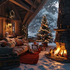 Wall Mural - Cozy cabin with a fireplace, Christmas tree, and snow-covered landscape outside.