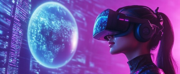 Poster - A young woman is using glasses during virtual reality on a dark background. She is using a smartphone with a VR headset. Virtual reality is the future technology concept. An Asian woman is wearing