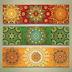 Three ornate banners featuring intricate gold mandala patterns on red. green and orange backgrounds.