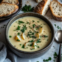 Sticker - Creamy potato soup with fresh parsley and black pepper in a bowl with slices of bread.