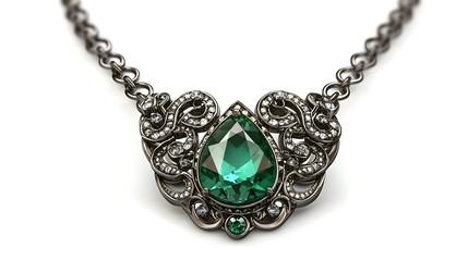 Exquisite Emerald Necklace Pendant with Vintage Filigree Design on White Background