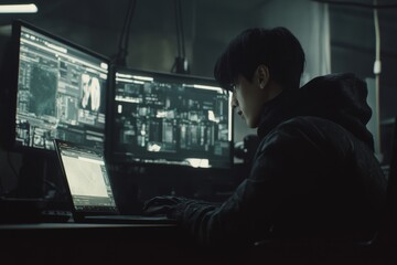 Poster - The Asian editor works on film montage with digital video editing software, creating multimedia content with footage, and color grading creative apps.