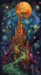 Wall Mural - beautiful castle on a planet in galaxy illustration poster background