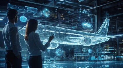Poster - Meeting in an aeronautics factory office: An engineer holds a tablet computer, displaying an augmented reality airplane to a project manager, whilst they test aerodynamics. Industry 4.0.