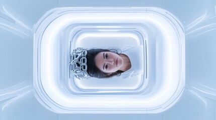 Poster - Patient lying on CT, PET, or MRI scanner bed, moving within the machine as it scans her brain and body. Augmented Reality Concept in hospital lab with high-tech equipment.