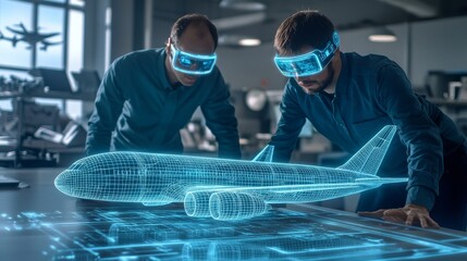 Poster - Meeting room in aeronautics factory: Chief Engineer shows Augmented Reality Airplane to Project Manager, they perform aerodynamics tests. Industry 4.0 research.