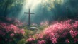 © furyon - symbolic easter scene with an empty tomb rays of divine light illuminating a wooden cross on a hill surrounded by blooming lilies