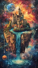 Wall Mural - beautiful castle on a planet in galaxy illustration poster background