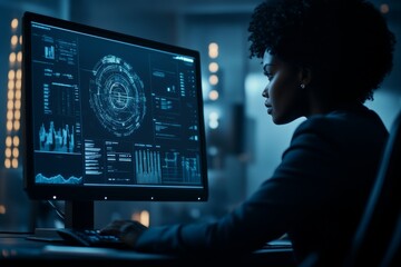 Poster - An evening-time business woman, technology, or financial worker with a happy smile. 3D abstract data, technology, or financial worker with evening smile.