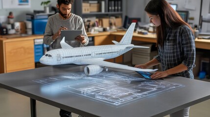 Poster - The meeting room of an aeronautics factory was photographed with a male engineer holding a tablet computer, demonstrating augmented reality to a female manager.