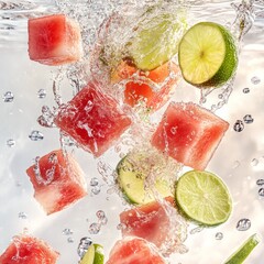 Wall Mural - Cubes of watermelon and lime slices splash in clear water.