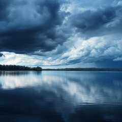 Sticker - Dark storm clouds gather over a serene lake, casting a dramatic reflection on the water.