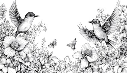 Hand drawn illustration featuring floral motifs birds dashed lines and tag patterns in a line art style