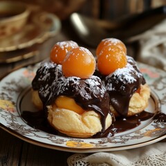 Wall Mural - Delicious pastries with chocolate sauce, powdered sugar, and peach halves.