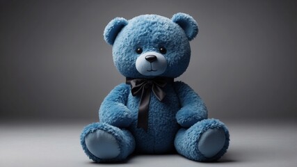 Wall Mural - Angry blue teddy bear sitting on gray background with angry look on face in art concept.