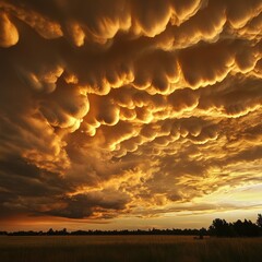 Canvas Print - Dramatic mammatus clouds at sunset over a field.