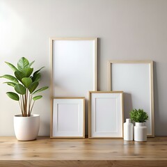 A clean and modern mockup featuring three empty picture frames of varying sizes placed on a wooden table.