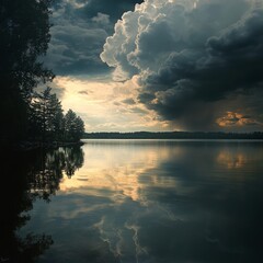 Wall Mural - Dramatic storm clouds gathering over a calm lake, reflecting a golden sunset in the water.