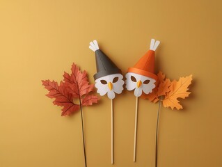 Colorful autumn decor featuring owl masks and vibrant leaves on a warm background, perfect for seasonal festivities.