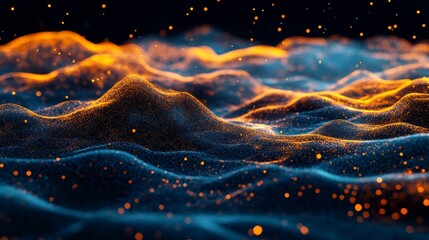 Poster - Featuring abstract particles, futuristic background and glow with wave surface in elegant style and smooth curves, wallpapers for digital art and creativity, and information technology.
