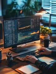 Fototapete - An expert focuses on a large monitor, analyzing data with a neat desk arrangement, including a keyboard, mouse, and coffee cup. Generative AI