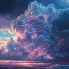 Sticker - Dramatic sunset sky with pink and blue clouds and lightning strikes.