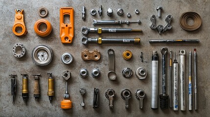 Assortment of Mechanic Tools and Parts on a Grey Surface