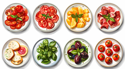 set of plates of food isolated on a white background, top view