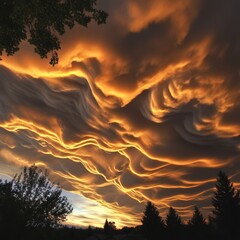 Wall Mural - Dramatic sunset sky with vibrant orange and yellow clouds over silhouetted trees.