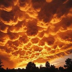 Poster - Dramatic sunset with a sky full of puffy, orange clouds.