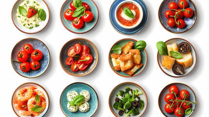 set of plates of food isolated on a white background, top view