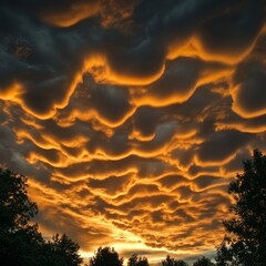 Poster - Dramatic sunset with rippling clouds and silhouetted trees.