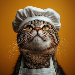 Cat chef with white hat and apron against a vibrant yellow background