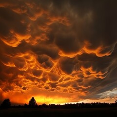 Poster - Dramatic, fiery sunset sky with a layer of dark storm clouds above, silhouetted trees in the foreground.