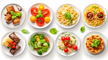 set of plates of food isolated on a white background, top view