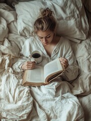 Leinwandbilder - A young woman relaxes in bed, reading an old book and sipping coffee, embracing a tranquil morning at home. Generative AI