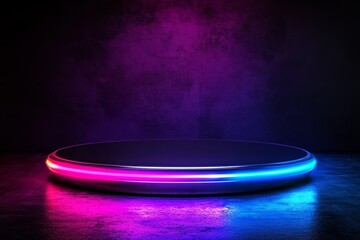 Poster - Abstract futuristic background, LED purple neon light, 3D render of rectangular stage with smoke and purple neon light