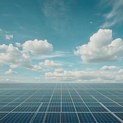 Wall Mural - Expansive solar panel field under a blue sky with fluffy clouds.