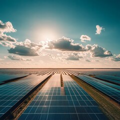 Wall Mural - Expansive solar panels stretch towards a sun-drenched sky with fluffy clouds.