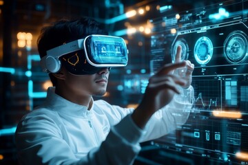 Poster - A man controls interfaces in augmented reality using VR glasses. Future Technology Magic Equipment.