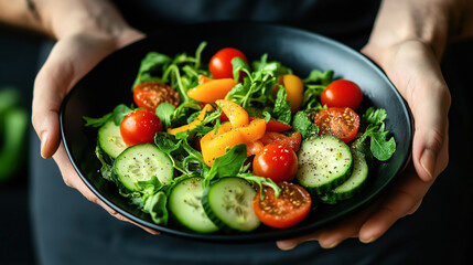 Sticker - Close-up of a fresh, colorful salad with cherry tomatoes, cucumbers, yellow bell peppers, and leafy greens held in two hands on a black plate.