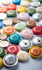 A vibrant and diverse collection of colorful buttons arranged on a white fabric background.