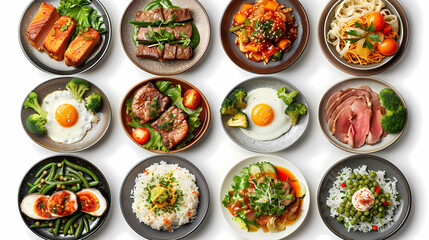 set of plates of food isolated on a white background, top view